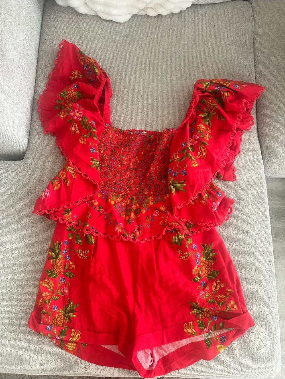 FARM Rio Red Embroidered Ruffle Romper